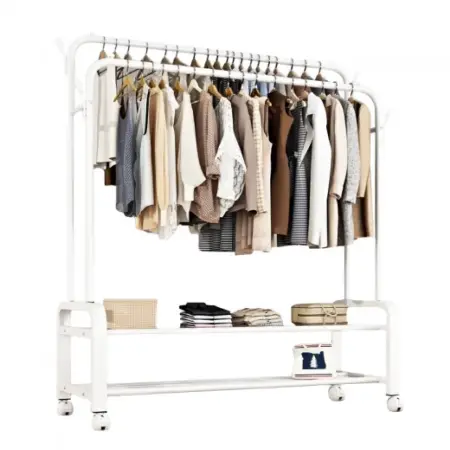 Polcok, rendszerezők és tartók - Fém ruhatartó, tárolópolccal és oldalsó kampókkal, fekete szín