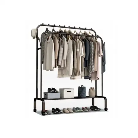 Fém ruhatartó, tárolópolccal és oldalsó kampókkal, fekete szín [5]