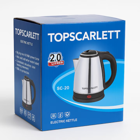 2L Rozsdamentes Acél Vízforraló, 2200W, Automatikus Kikapcsolás, Túlmelegedés Elleni Védelem, On/Off Gomb, Ergonomikus Fogantyú, Forgatható Talp, Vízszintjelző, Rejtett Fűtőelem [2]