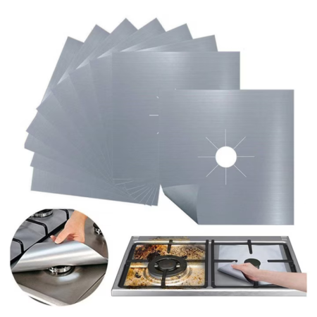 Otthon és Konyha - 4 darabos fóliakészlet Teflon Fólia 27x27 cm Tűzhelyhez vagy Főzőlaphoz, Hőálló -60°C-tól 260°C-ig, Ezüst, 0,3 mm Vastagság