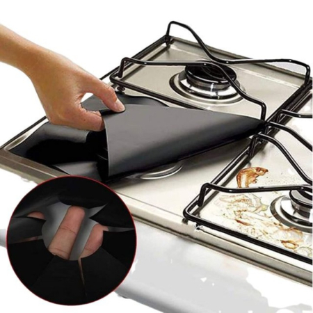4 darabos fóliakészlet Teflon Fólia 27x27 cm Tűzhelyhez vagy Főzőlaphoz, Hőálló -60°C-tól 260°C-ig, Fekete, 0,3 mm Vastagság [6]