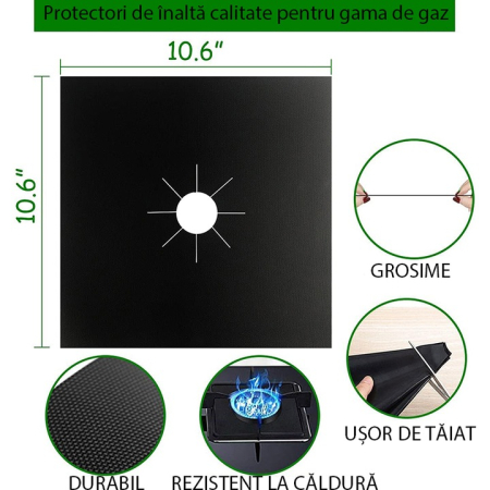 4 darabos fóliakészlet Teflon Fólia 27x27 cm Tűzhelyhez vagy Főzőlaphoz, Hőálló -60°C-tól 260°C-ig, Fekete, 0,3 mm Vastagság [10]