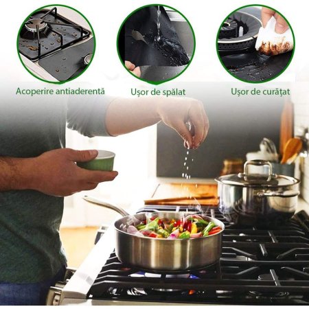 4 darabos fóliakészlet Teflon Fólia 27x27 cm Tűzhelyhez vagy Főzőlaphoz, Hőálló -60°C-tól 260°C-ig, Fekete, 0,3 mm Vastagság [7]