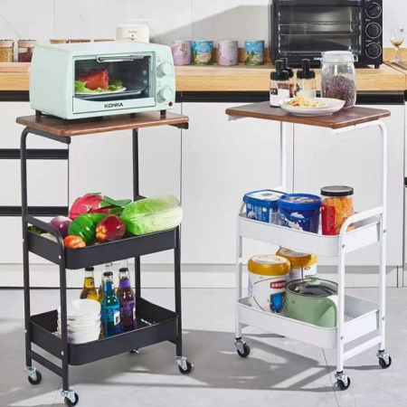 Gurulós Segédasztal Kávéhoz – Fém és Fa, 2 Tárolópolccal és Munkafelülettel, Mobil Kialakítás, 73 × 40 × 30 cm, Fehér/Barna [2]