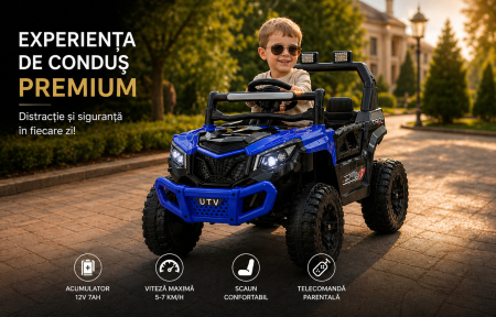 Gyerek elektromos autó off-road stílusban, 12V, dupla akkumulátor, távirányító, ringató funkció, LED fényszórók, MP3, 96×58×62 cm, kék [1]