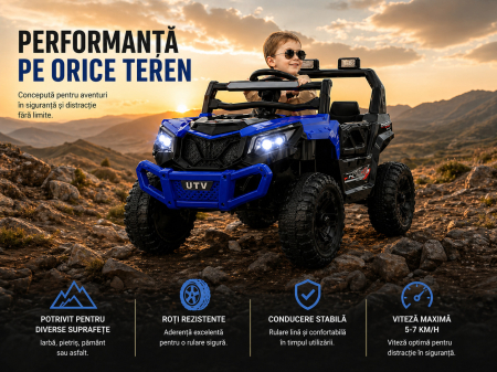 Gyerek elektromos autó off-road stílusban, 12V, dupla akkumulátor, távirányító, ringató funkció, LED fényszórók, MP3, 96×58×62 cm, kék [2]