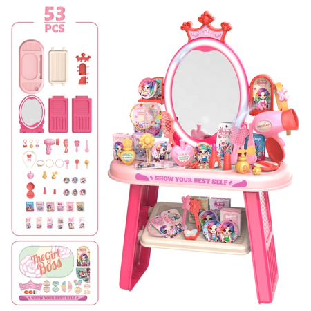 Produse si jucarii pentru copii - Set măsuță de machiaj copii 53 piese, oglindă HD rotativă 360°, cu sunet și iluminare, accesorii incluse, material plastic, pentru vârsta 2-10 ani, roz