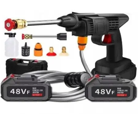 Elektromos szerszámok és eszközök - Hordozható, vezeték nélküli magasnyomású mosó, 500W, 30 bar, 3L/perc, 48V, többféle fúvóka, 5 m tömlő, fekete, tartozékokkal