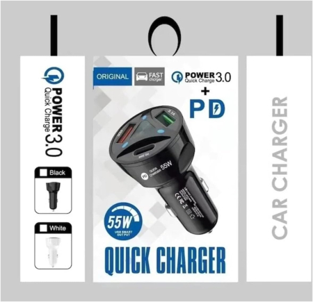 55 W Gyorstöltős Autós Töltő, 3 Porttal, USB és USB Type-C Csatlakozókkal, 12–32 V Tápellátás, Okostelefonokhoz, Táblagépekhez és Mobil Eszközökhöz [2]