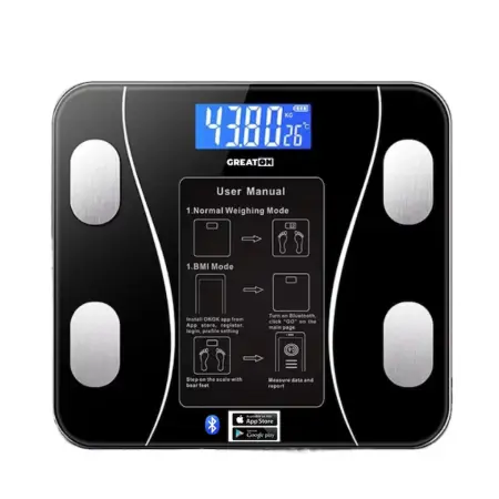 Mérlegek - Intelligens digitális személyi mérleg testelemzéssel és telefonos alkalmazással, Bluetooth, 13 funkció