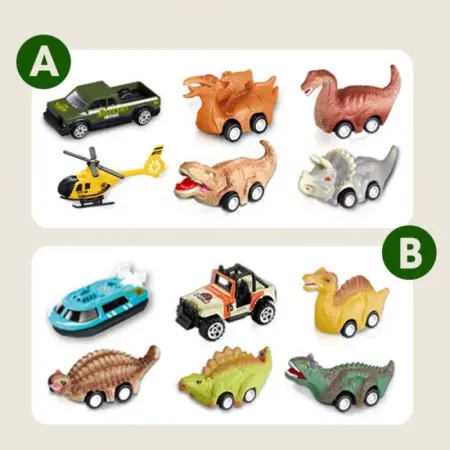 Interaktív dinoszaurusz teherautó világítással és hangokkal – 6 darabos pull-back járművek készlete tárolórekeszekkel [1]