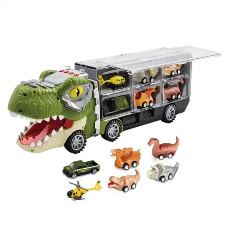 Interaktív dinoszaurusz teherautó világítással és hangokkal – 6 darabos pull-back járművek készlete tárolórekeszekkel [8]