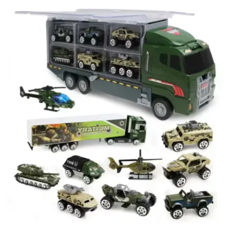 Gyerekeknek szánt termékek és játékok - Játék teherautó utánfutóval 12 darabos készlet – Pull-back, súrlódás és nyitható ajtók funkcióval, 3–7 éves gyerekeknek