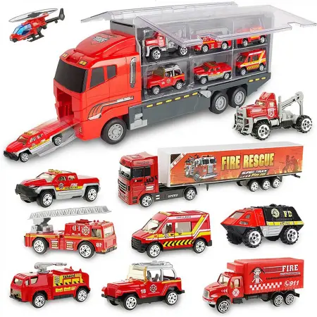 Gyerekeknek szánt termékek és játékok - Játék teherautó utánfutóval 12 darabos készlet – Pull-back, súrlódás és nyitható ajtók funkcióval, 3–7 éves gyerekeknek