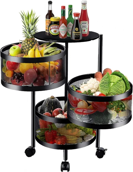 Polcok, rendszerezők és tartók - Kerek, univerzális fém polc – 3 vagy 4 perforált kosár, szénacél, görgős és forgatható kialakítás