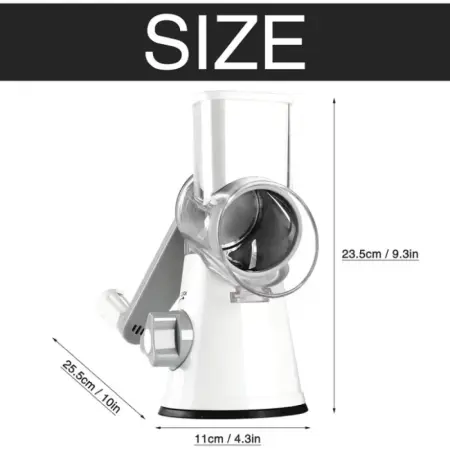 Kézi hajtású reszelő élelmiszeripari 430-as rozsdamentes acélból, 3 cserélhető penge, szeletelés, aprítás és reszelés, tapadókorongos rögzítés, biztonságos és ergonomikus [3]