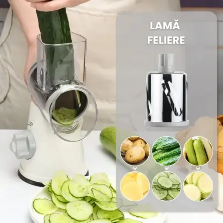 Kézi hajtású reszelő élelmiszeripari 430-as rozsdamentes acélból, 3 cserélhető penge, szeletelés, aprítás és reszelés, tapadókorongos rögzítés, biztonságos és ergonomikus [4]