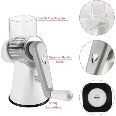 Kézi hajtású reszelő élelmiszeripari 430-as rozsdamentes acélból, 3 cserélhető penge, szeletelés, aprítás és reszelés, tapadókorongos rögzítés, biztonságos és ergonomikus [2]