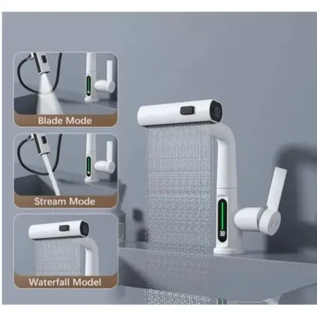 Kihúzható Zuhanyfejes Mosdó- / Konyhai Csaptelep LED Hőmérséklet-kijelzővel – 3 Vízáramlási Mód, Tömör Réz Test, Kerámia Betét, Fehér / Szürke [13]