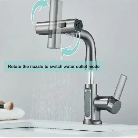 Kihúzható Zuhanyfejes Mosdó- / Konyhai Csaptelep LED Hőmérséklet-kijelzővel – 3 Vízáramlási Mód, Tömör Réz Test, Kerámia Betét, Fehér / Szürke [10]