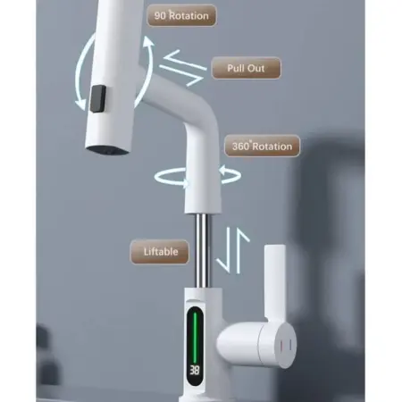 Kihúzható Zuhanyfejes Mosdó- / Konyhai Csaptelep LED Hőmérséklet-kijelzővel – 3 Vízáramlási Mód, Tömör Réz Test, Kerámia Betét, Fehér / Szürke [2]