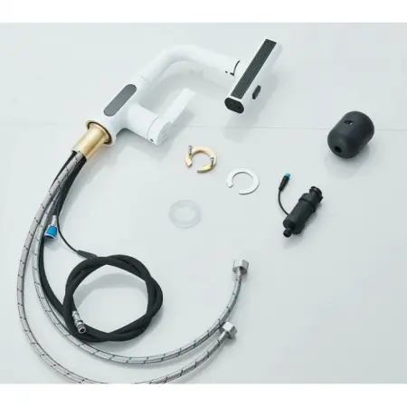 Kihúzható Zuhanyfejes Mosdó- / Konyhai Csaptelep LED Hőmérséklet-kijelzővel – 3 Vízáramlási Mód, Tömör Réz Test, Kerámia Betét, Fehér / Szürke [5]