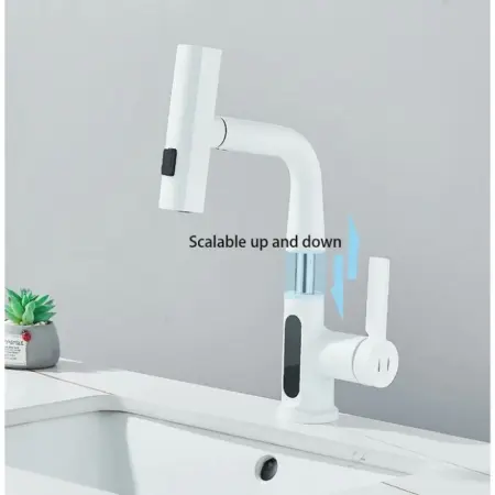 Kihúzható Zuhanyfejes Mosdó- / Konyhai Csaptelep LED Hőmérséklet-kijelzővel – 3 Vízáramlási Mód, Tömör Réz Test, Kerámia Betét, Fehér / Szürke [9]