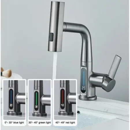 Kihúzható Zuhanyfejes Mosdó- / Konyhai Csaptelep LED Hőmérséklet-kijelzővel – 3 Vízáramlási Mód, Tömör Réz Test, Kerámia Betét, Fehér / Szürke [7]