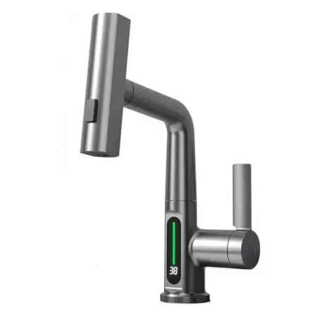 Otthon és Konyha - Kihúzható Zuhanyfejes Mosdó- / Konyhai Csaptelep LED Hőmérséklet-kijelzővel – 3 Vízáramlási Mód, Tömör Réz Test, Kerámia Betét, Fehér / Szürke