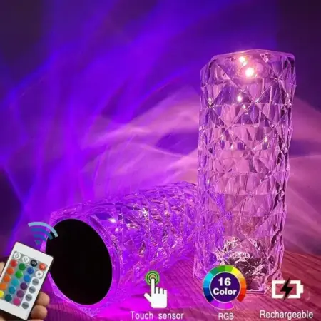 Kristályhatású LED világítás, 3 fehér fény, 16 RGB szín, távirányítóval, érintésvezérlés, újratölthető – hálószobába, irodába, konyhába, kempinghez [1]