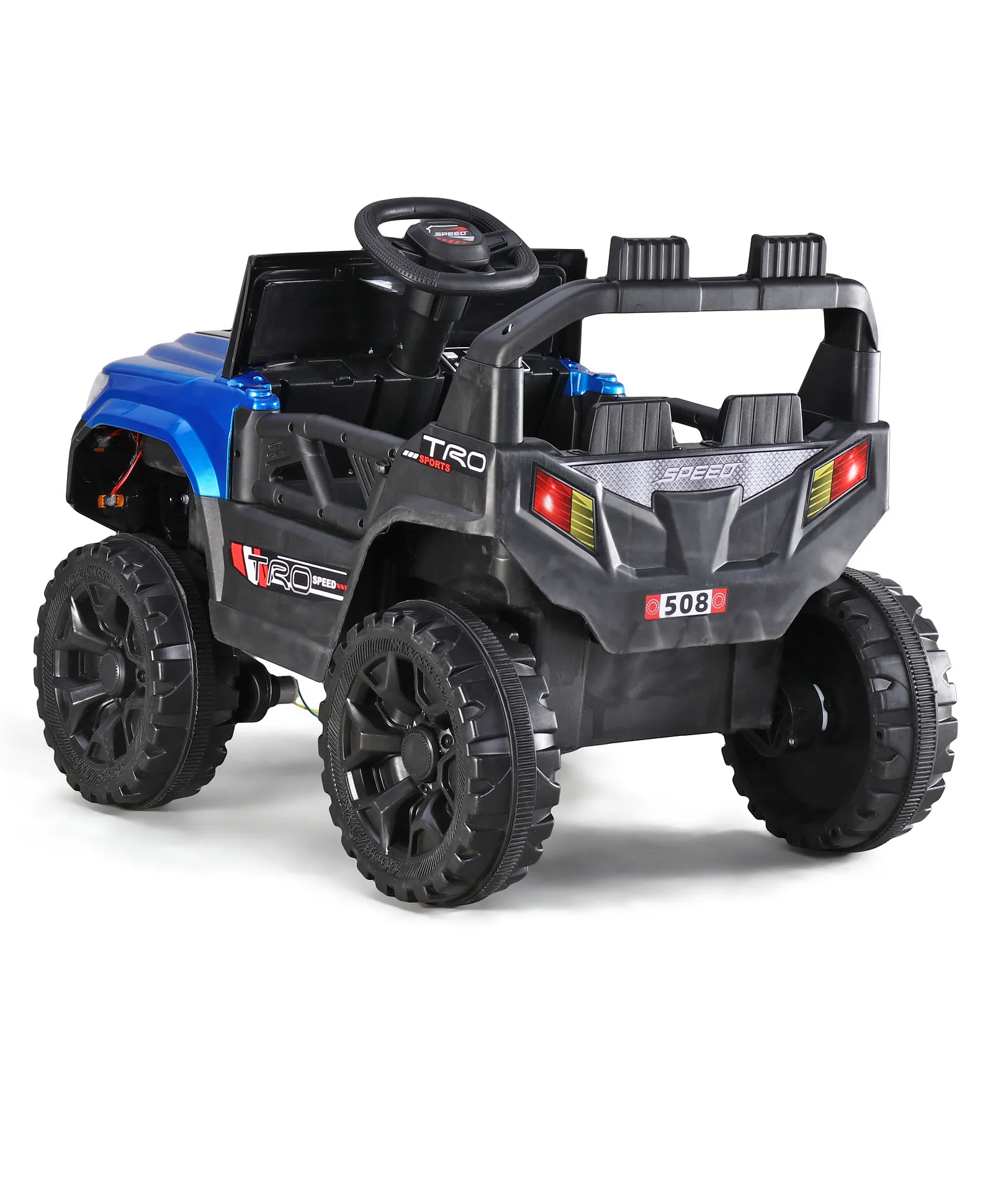 Gyermek elektromos autó Jeep, távirányítóval, Bluetooth és zene funkcióval, világító szélvédő, műanyag kerekek, 85×61×54 cm, kék [6]