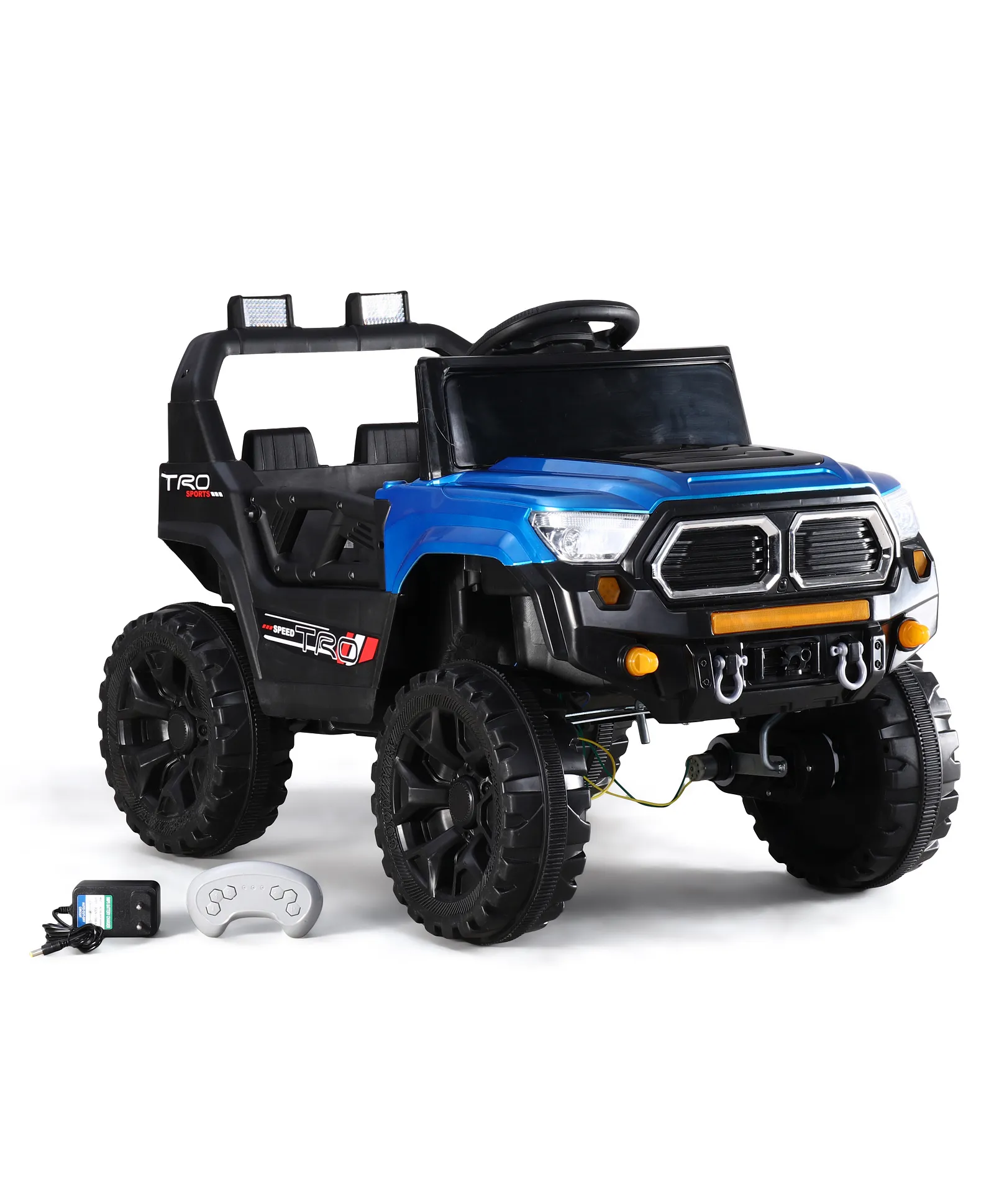 Gyermek autók és motorkerékpárok - Gyermek elektromos autó Jeep, távirányítóval, Bluetooth és zene funkcióval, világító szélvédő, műanyag kerekek, 85×61×54 cm, kék