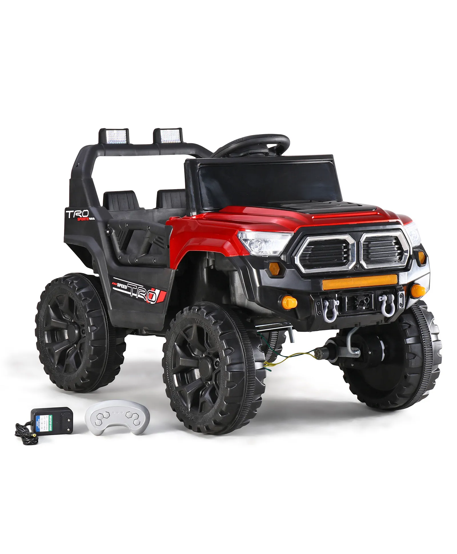 Gyermek autók és motorkerékpárok - Gyermek elektromos autó Jeep, távirányítóval, Bluetooth és zene funkcióval, világító szélvédő, műanyag kerekek, 85×61×54 cm, piros