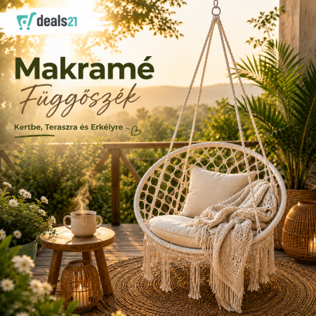 Makramé függő hintaszék, függesztett kialakítás, kényelmes és tartós design, beltéri és kültéri használatra, kertbe vagy teraszra [2]