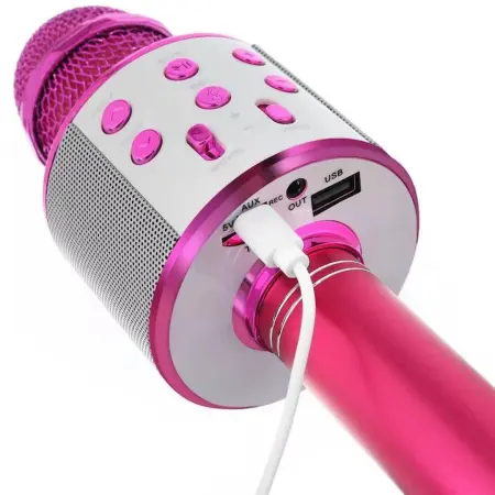 Vezeték nélküli karaoke mikrofon beépített Bluetooth hangszóróval, 6W teljesítmény, 2 hangszóró, echo/bass/treble vezérlés, hordozható kivitel [18]