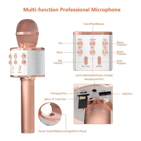 Vezeték nélküli karaoke mikrofon beépített Bluetooth hangszóróval, 6W teljesítmény, 2 hangszóró, echo/bass/treble vezérlés, hordozható kivitel [9]