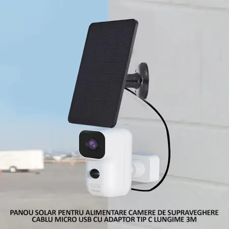 Mini Napelemes Fotovoltaikus Panel, 10W, 5V, Hordozható – Kamerákhoz és Telefon Töltéshez, 3m Kábel, Micro-USB és Type-C Adapter, Vízálló, Fekete, 175x120 mm [4]