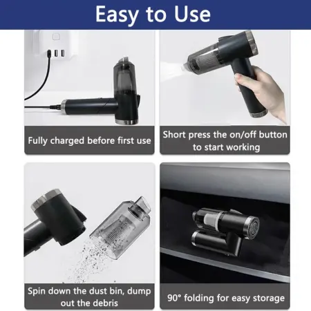 Multifunkciós Hordozható Autós Porszívó, Vezeték Nélküli, 9000Pa, 3 az 1-ben, Fekete, USB Újratölthető, Fúvókákkal és HEPA Szűrővel [5]