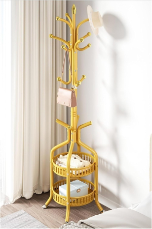 Polcok, rendszerezők és tartók - Önálló Fém Ruhatartó Állvány, Ipari Stílusú Ruhaállvány 2 Szintes Polccal és Kampókkal, Arany, 34x189 cm, Előszobába és Ruhatárolásra Ideális