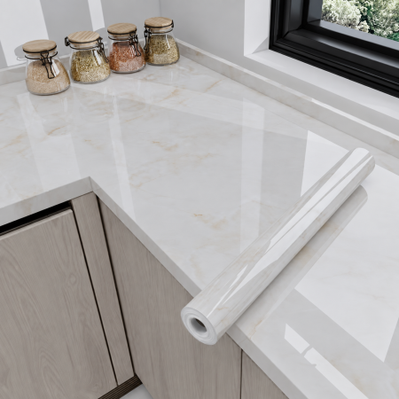 Öntapadós PVC tapéta bézs márvány mintával 60×300 cm, víz- és kopásálló, vastag és tartós, könnyű felhelyezés, falra és bútorra [1]