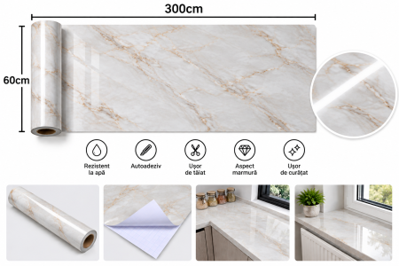 Otthon és Konyha - Öntapadós PVC tapéta bézs márvány mintával 60×300 cm, víz- és kopásálló, vastag és tartós, könnyű felhelyezés, falra és bútorra