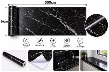Otthon és Konyha - Öntapadós PVC tapéta fekete márvány mintával 60×300 cm, víz- és kopásálló, vastag és tartós, könnyű felhelyezés, falra és bútorra