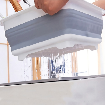 Összecsukható edényszárító és evőeszköz tartó – csepegtetővel, szilikon + műanyag, 31 × 16,2 cm, szürke-fehér, több rekesz [6]