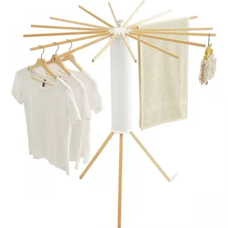 Polcok, rendszerezők és tartók - Összecsukható Fa Ruhaszárító – 12 Rúd, 360°-ban Forgatható, Állítható, UV-védelemmel, Kompakt és Tartós