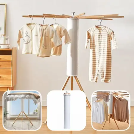 Összecsukható Fa Ruhaszárító – 12 Rúd, 360°-ban Forgatható, Állítható, UV-védelemmel, Kompakt és Tartós [2]