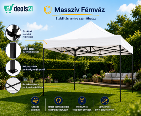 Összecsukható Pavilon Sátor 18 kg, 3x3 m, Fém Váz, Vízálló Ponyva, Udvarra, Kertbe, Eseményekre, Fehér [5]