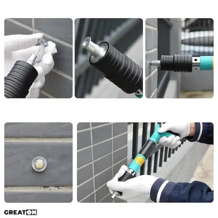 Pneumatikus és kézi szegecselő pisztoly készlet szögek rögzítéséhez, falhoz, mennyezethez, padlóhoz és fához, 7,3 cm kaliberrel kompatibilis, védőszemüveggel és hordtáskával [3]