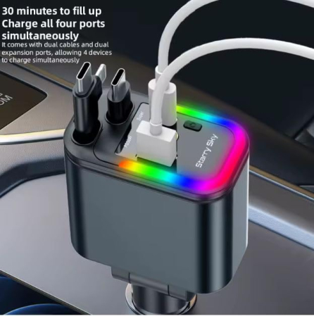 Prémium 4 az 1-ben Autós Töltő, Gyorstöltés, RGB Hangulatvilágítás, USB-C 66W, Behúzható Kábel, Szürke, Multifunkciós Autós Adapter [1]