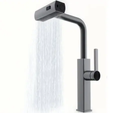 Otthon és Konyha - Prémium Konyhai Csaptelep Kihúzható Zuhanyfejjel – 3 Vízmód (Vízesés, Sugár, Permet), 304 Rozsdamentes Acél, Modern Szürke Kivitel