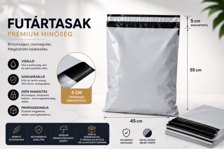 Prémium LDPE Futártasak, 45 × 55 cm + 5 cm Ragasztófül, 100 Mikron, Öntapadós, Vízálló és Szakadásálló, Szürke Külső / Fekete Belső [1]